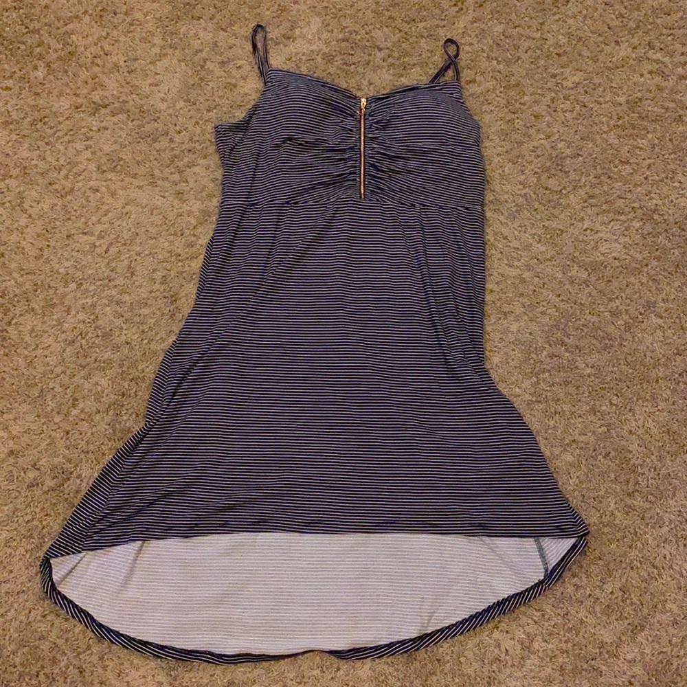 Navy blue and white high-low dress
